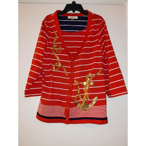 Ladies Onque Casuals Vintage Red Striped Button Up Sweater Sparkly Size XL